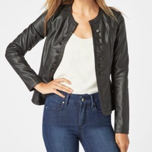Front view of button detail black leather jacket with classic design