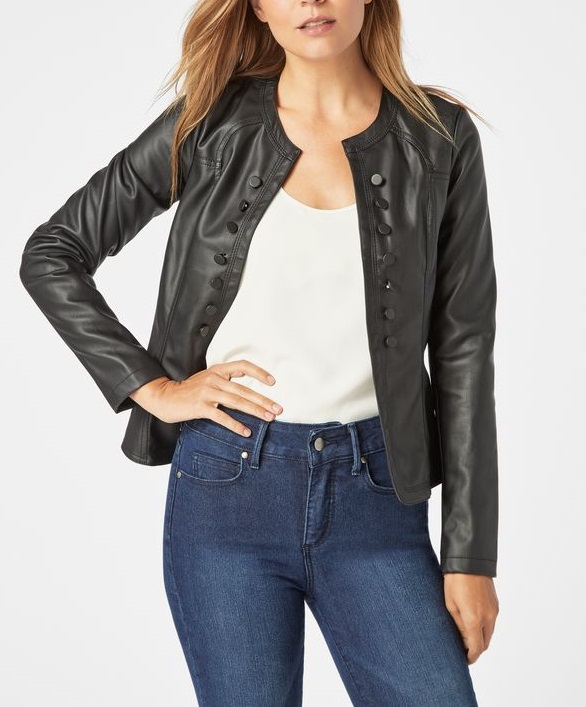 Front view of button detail black leather jacket with classic design Front view of button detail black leather jacket with classic design