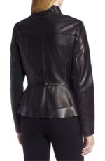 Classic Black Hi Neck Women Leather Peplum Jacket - Image 2
