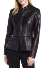 Classic Black Hi Neck Women Leather Peplum Jacket