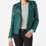 Front view of classic moto jacket with sleek zipper and lapel design