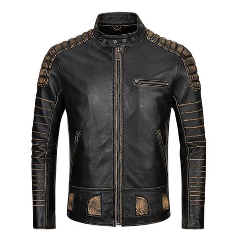 Front view of men's American leather motorcycle jacket with snap collar and zipper Front view of men's American leather motorcycle jacket with snap collar and zipper