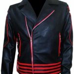 Men's Black and Red Belted Motorcycle Jacket