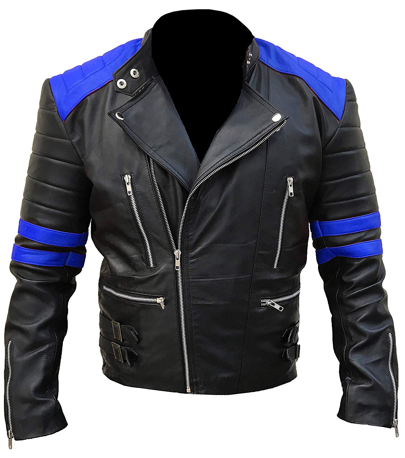 Men’s Classic Biker Blue and Black Leather Jacket 