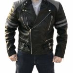 men's classic grey and black biker leather jacket with zip fastening