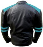 Back of premium leather texture on light blue black jacket