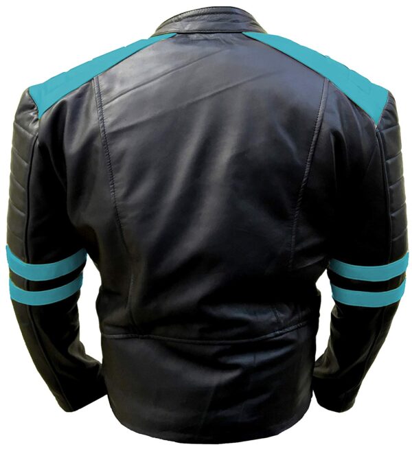 Back of premium leather texture on light blue black jacket