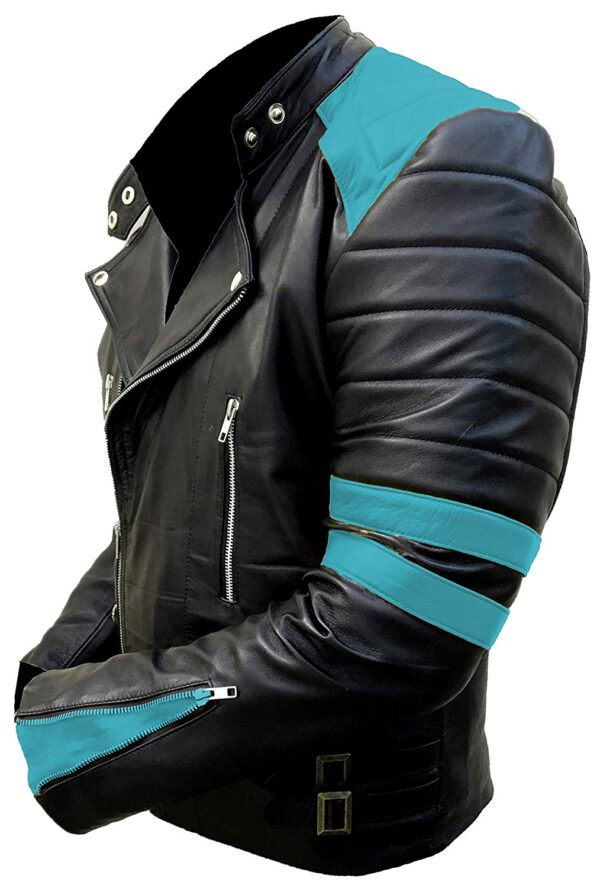 Side profile of men's blue black motorcycle leather jacket