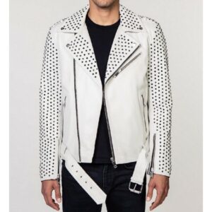 Men's White Full Silver Studded Biker Leather Jacket