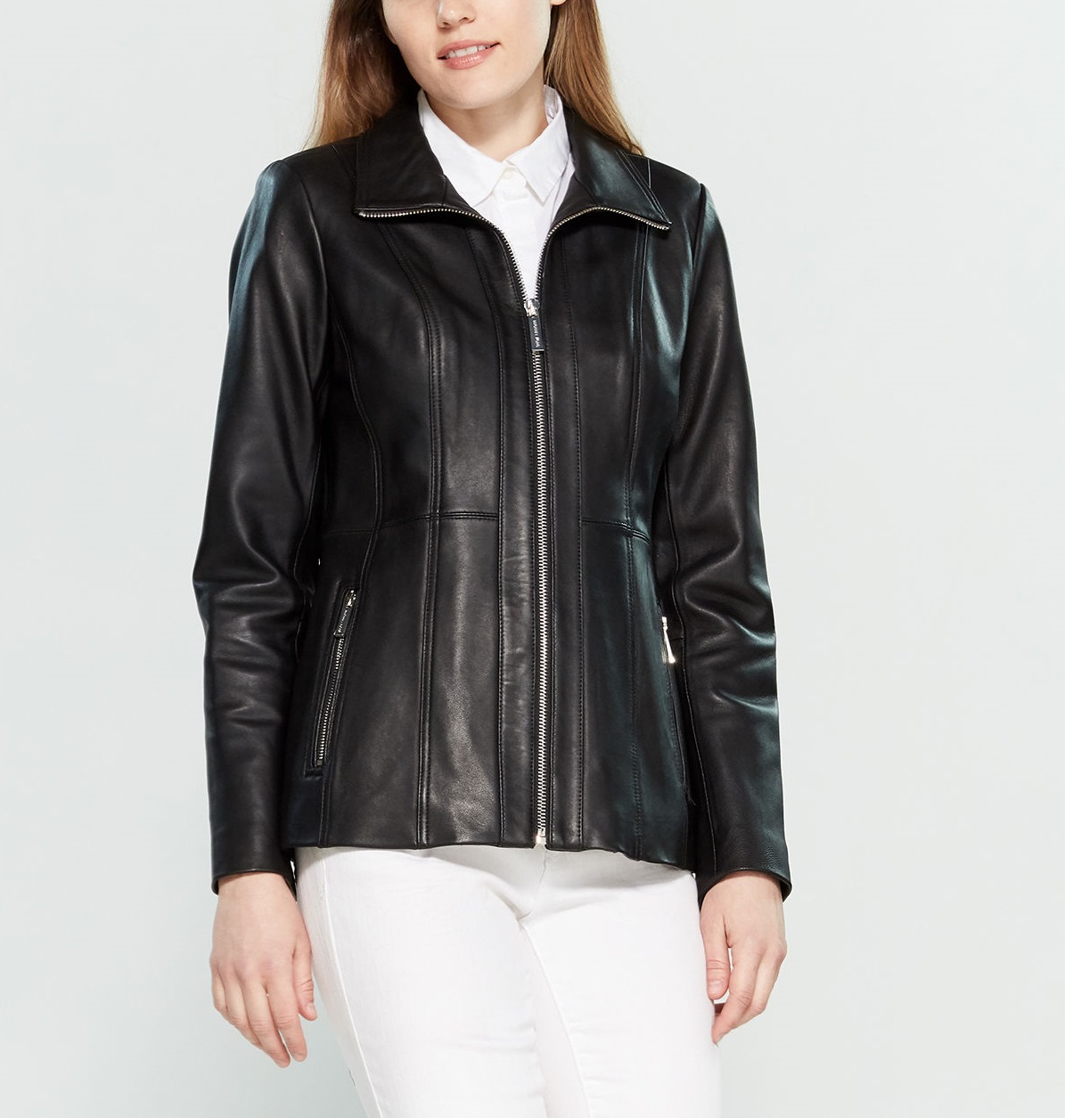 petite-stand-collar-leather-jacket (1) Petite Stand Collar Leather Jacket - Image 1