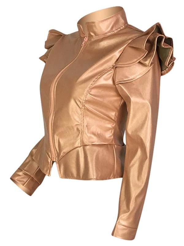 Plus Size Zip Up Ruffle Shoulder  Leather Jacket - Image 2
