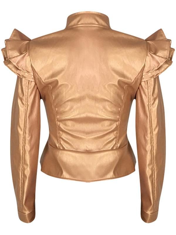 Plus Size Zip Up Ruffle Shoulder  Leather Jacket - Image 3