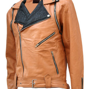 Tan And Black Draped Leather Jacket for Men