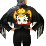 Vintage Black Leather Jacket with fringe Betty Boop