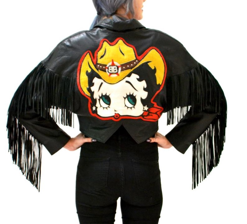 vintage-black-leather-jacket-with-fringe-betty-boop (1) Vintage Black Leather Jacket with fringe Betty Boop - Image 1