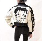 White Leather Bomber Jacket with Betty Boop Back