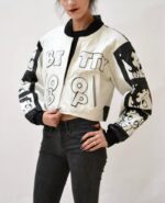 White Leather Bomber Jacket with Betty Boop Front