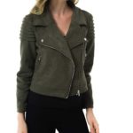 Model wearing army green moto biker jacket paired with black jeans