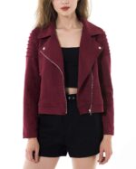 Front view of women long sleeve maroon moto biker jacket with zippers