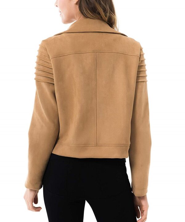 Back of premium leather texture on tan biker jacket sleeves