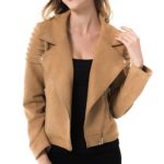 Front view of women long sleeve tan moto biker jacket with zipper details