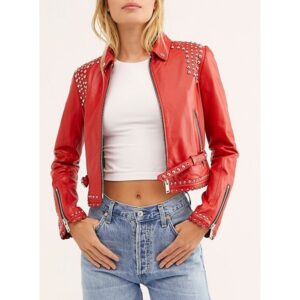 Front-facing women studded leather jacket with bold lapels and metal studs