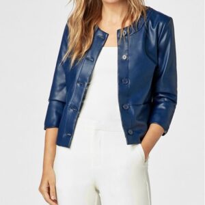 Women's 3/4 Sleeve Blue Leather Jacket