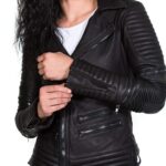 Front view of black women's leather biker jacket with asymmetrical zipper design