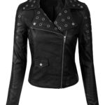Front view of women's black long sleeve moto biker jacket with zipper closure