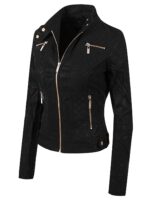 Side profile of women's black suede moto jacket with tailored fit