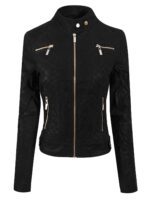 Front view of women's black suede zip up moto biker jacket with classic lapels
