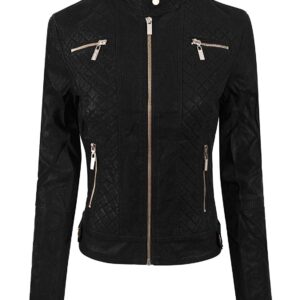 Front view of women's black suede zip up moto biker jacket with classic lapels