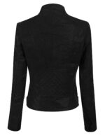 Back of black suede biker jacket styled
