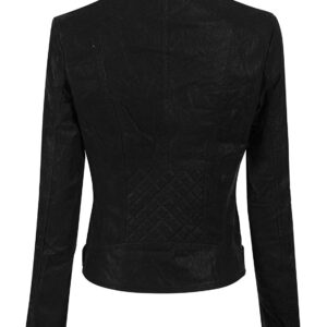 Back of black suede biker jacket styled