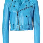women's blue cropped biker leather jacket with zipper details