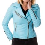 Front view of women’s blue zipper leather jacket with metallic hardware and modern fit