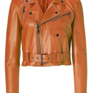 women's brown cropped biker leather jacket with zipper design