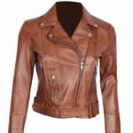 Front view of women’s brown distressed biker jacket with asymmetrical zipper