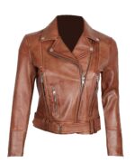 Front view of women’s brown distressed biker jacket with asymmetrical zipper