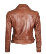 Back of women’s distressed biker jacket with rugged details
