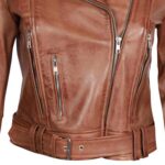 brown distressed biker leather jacket with casual outfit