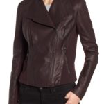 Women's Burgundy Stand Collar Leather Jacket