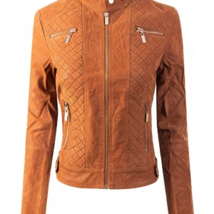 Front view of women's caramel suede zip up moto biker jacket with lapel collar