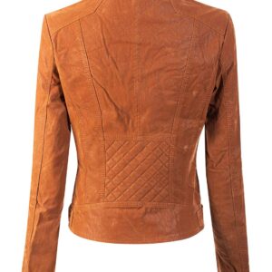 Back of women's caramel suede biker jacket showing tailored fit
