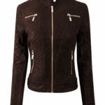 Front view of women's dark brown suede zip up moto biker jacket with classic lapels
