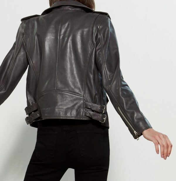 Back of smooth grey leather texture and metallic hardware details