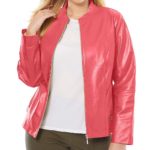 Women's Front Zip Coral Rose Real Leather Jacket
