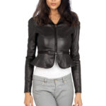 Front view of black full sleeved leather jacket with zip closure and classic collar