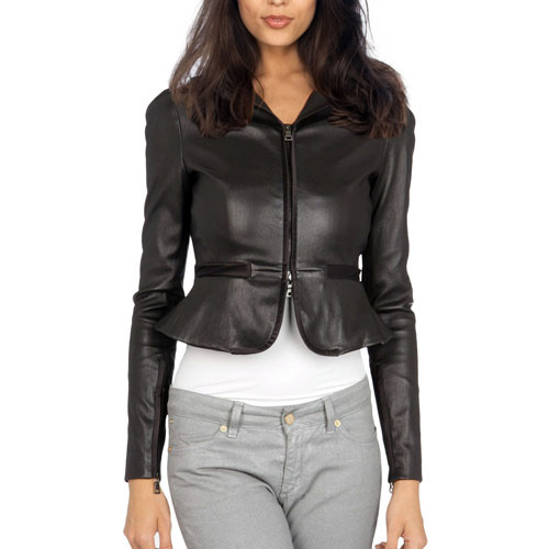 Front view of black full sleeved leather jacket with zip closure and classic collar Front view of black full sleeved leather jacket with zip closure and classic collar