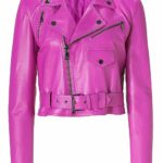 Jessica Alba hot pink cropped biker leather jacket with zip detail